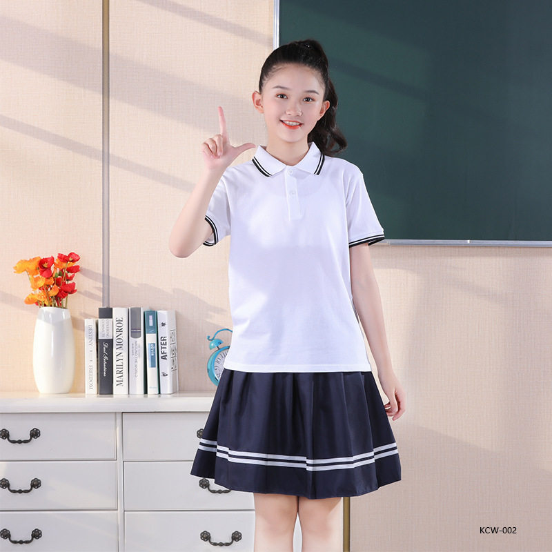 砍柴娃夏季简约中大童中性童装运动棉校服藏青条领子白色短袖上衣