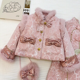 冬季加厚高级感女童新中式粉色小香风夹棉外套马甲裙拜年服两件套