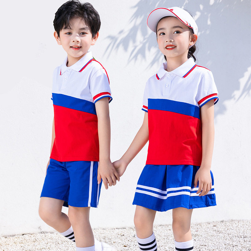中小学生校服夏季套装幼儿园园服亲子班服新品红蓝色运动服三件套