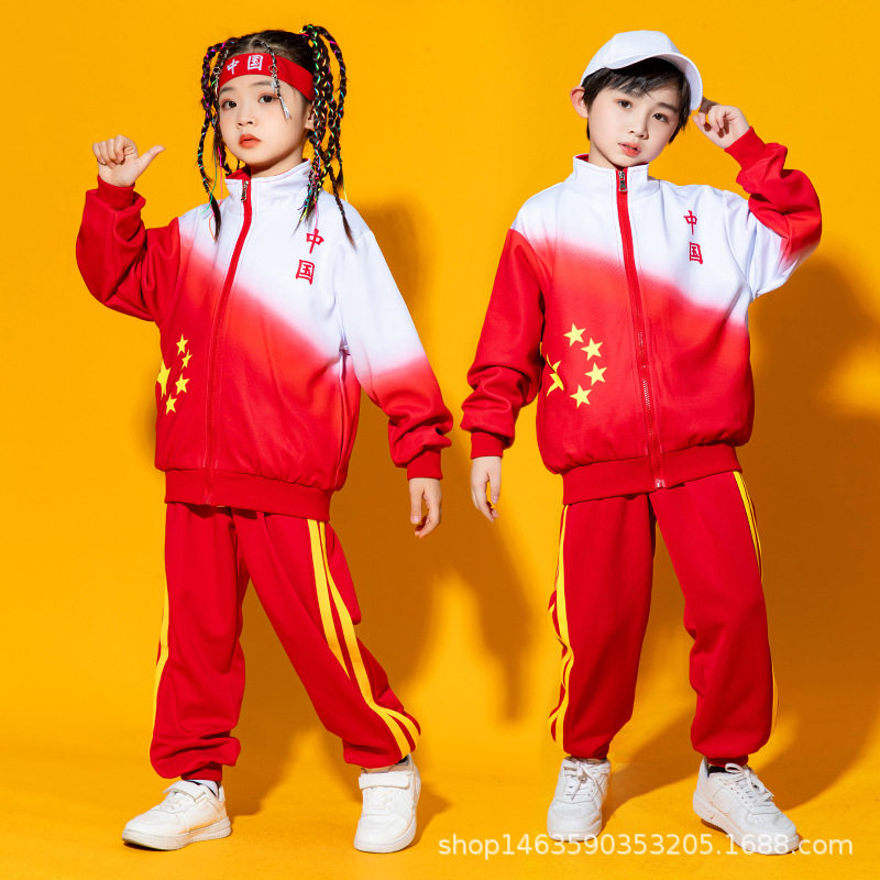 班服小学生校服春秋装中国风红色儿童运动服套装三件套幼儿园园服