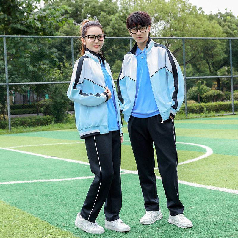 新春秋季中小学生蓝色校服运动套装长袖三件套高中生毕业班服团购