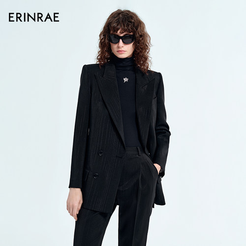 ERINRAE丨新品黑色竖条纹长袖西装女双排扣外套EG341219PL20