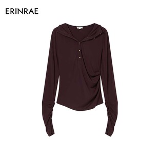 ERINRAE25秋季 收腰气质随性酷感上衣 新品 摩登连帽抽褶打底衫