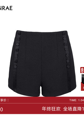ERINRAE丨黑色双排扣短裤舒适高腰拉链直筒女三分裤EF331049TA20
