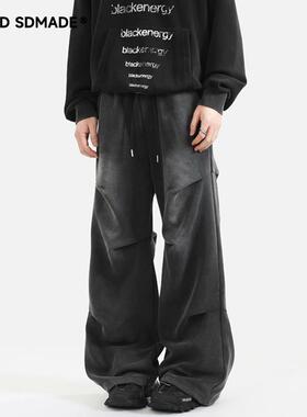 SOLIDSDMADE 美式高街裤子男夏季潮牌水洗褶皱休闲卫裤宽松直筒裤