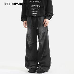 SOLIDSDMADE 美式高街裤子男夏季潮牌水洗褶皱休闲卫裤宽松直筒裤
