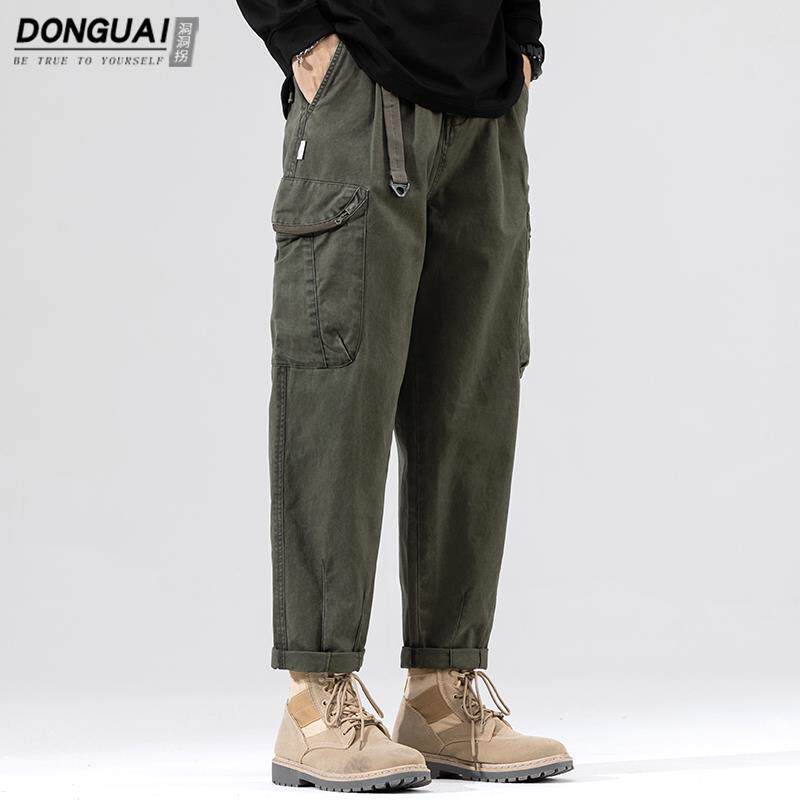 纯棉休闲裤男士春秋款宽松直筒男裤美式风潮牌军绿色九分工装裤子