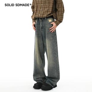 SOLIDSDMADE 美式高街复古秋季破洞牛仔裤男女直筒宽松阔腿长裤子