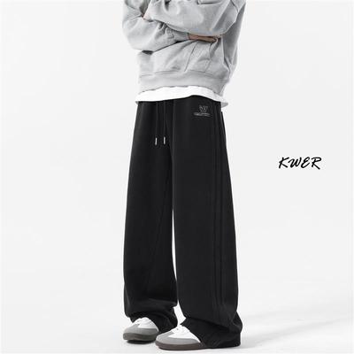 KWER加绒黑色卫裤男款秋冬季垂感阔腿运动裤子直筒宽松加厚休闲裤