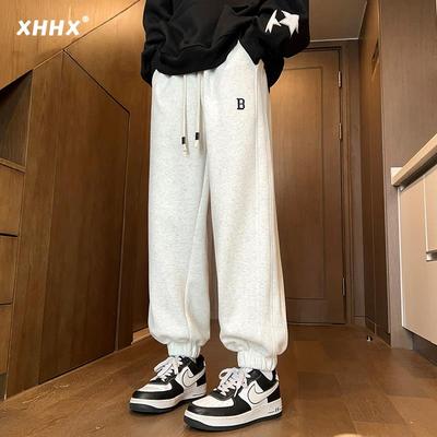 灰色束脚卫裤男款春秋季加绒加厚休闲裤子潮牌宽松青少年运动长裤