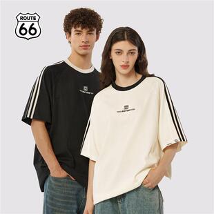 ROUTE66美式复古短袖夏季情侣装t恤白色半袖宽松纯棉潮牌男女体恤