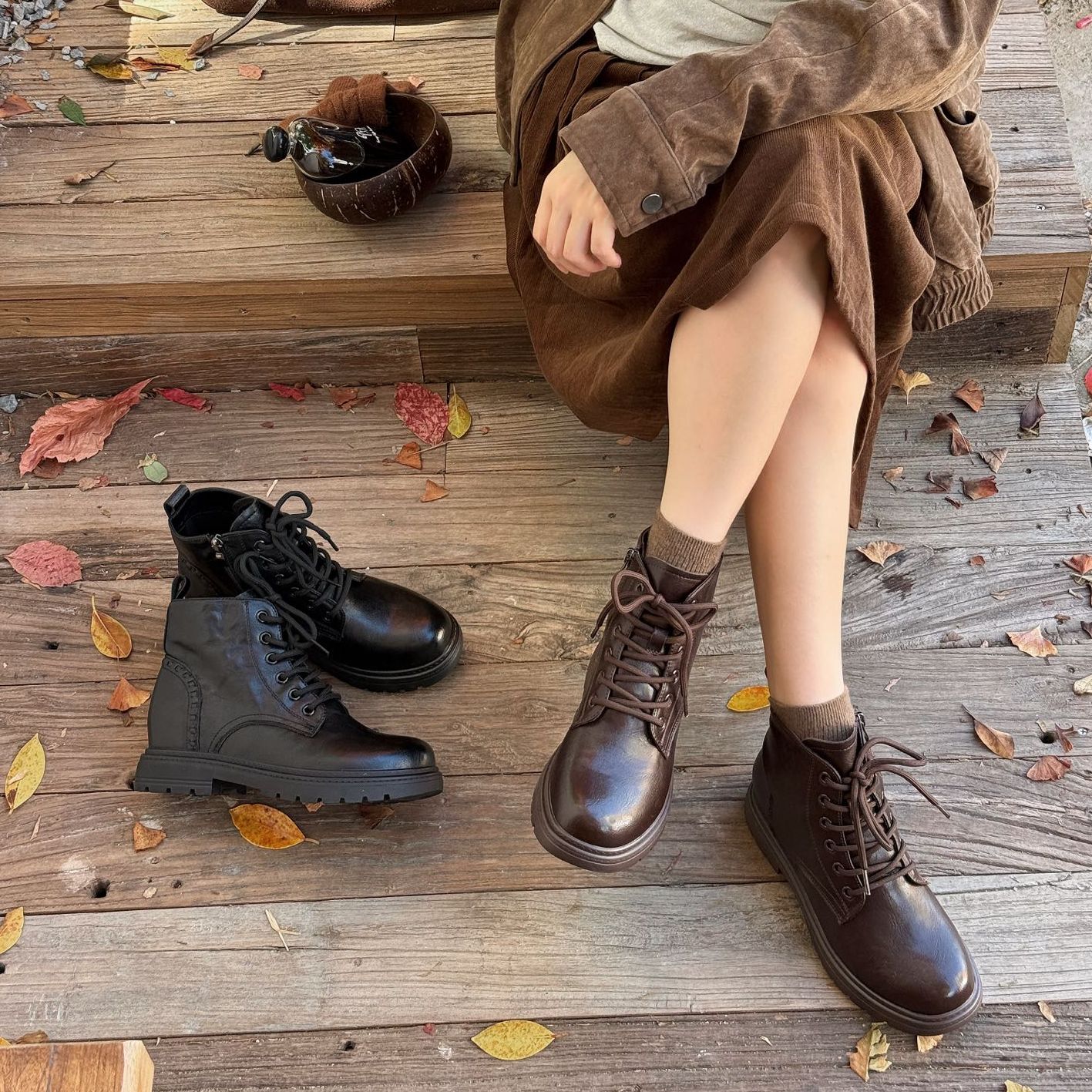 真皮马丁靴女小个子英伦增高单靴黑色爆款秋冬厚底短靴F6969-125