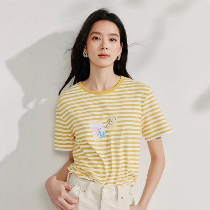 撞色条纹短袖T恤女2025夏季趣味减龄印花舒适休闲宽松上衣