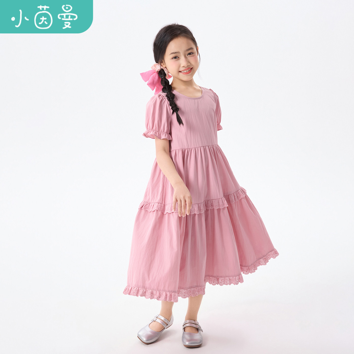 小茵曼童装女童文艺娃娃领连衣裙26夏中大童泡泡袖宽松显瘦公主裙