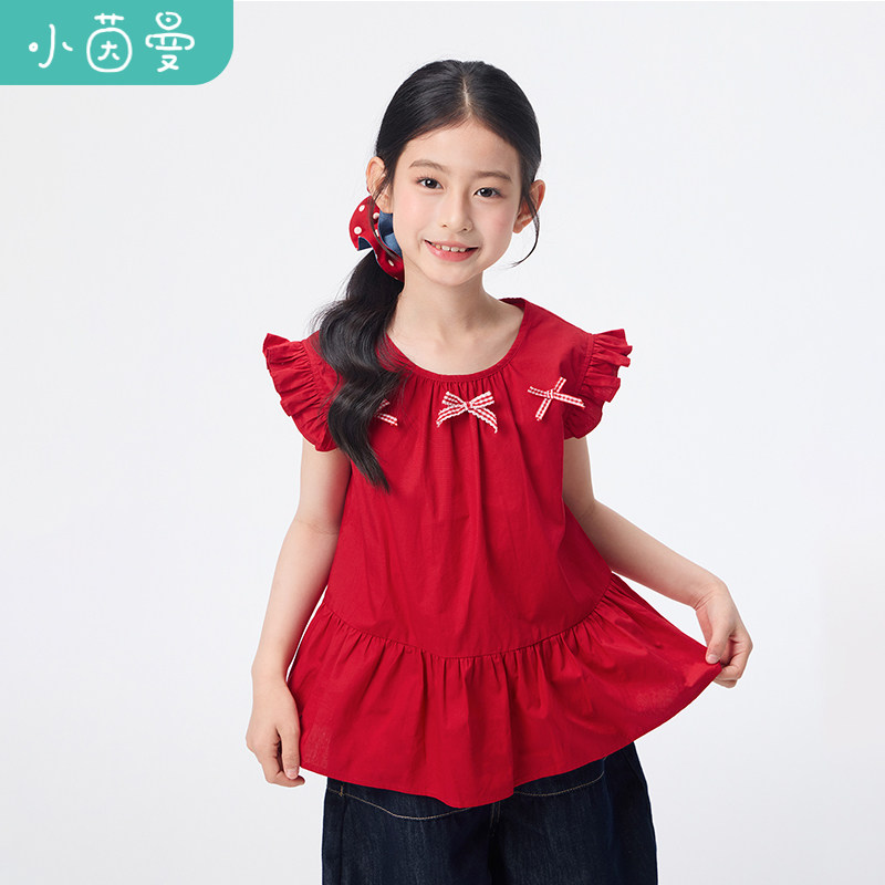小茵曼童装女童小飞袖衬衫蝴蝶结装饰26年夏季儿童中大童休闲上衣