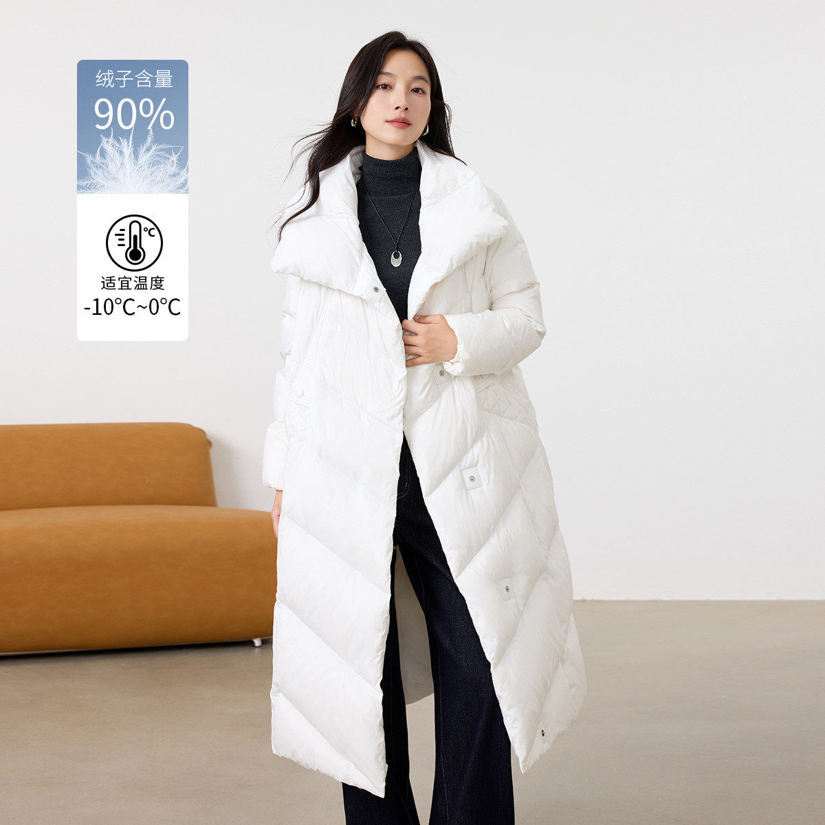 茵曼2025冬季新款加厚中长款鸭鸭羽绒服女上衣宽松连帽宽松外套白