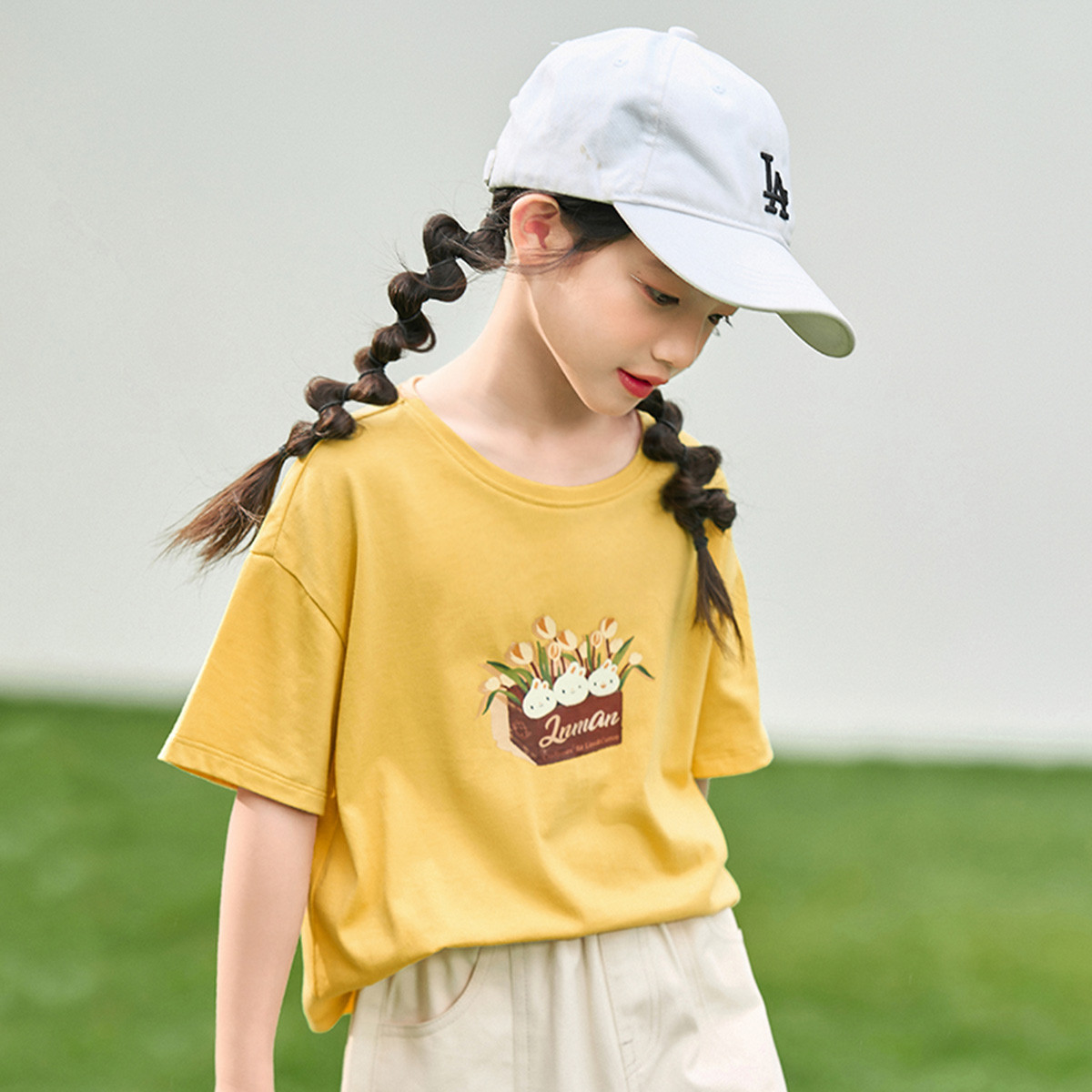 小茵曼童装女童短袖t恤纯棉透气时尚印花26夏中大童宽松休闲上衣