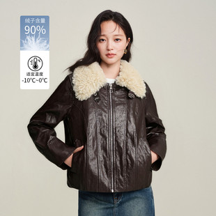 茵曼2025冬季新款毛领短款鸭鸭羽绒服女小个子宽松上衣pu皮衣外套