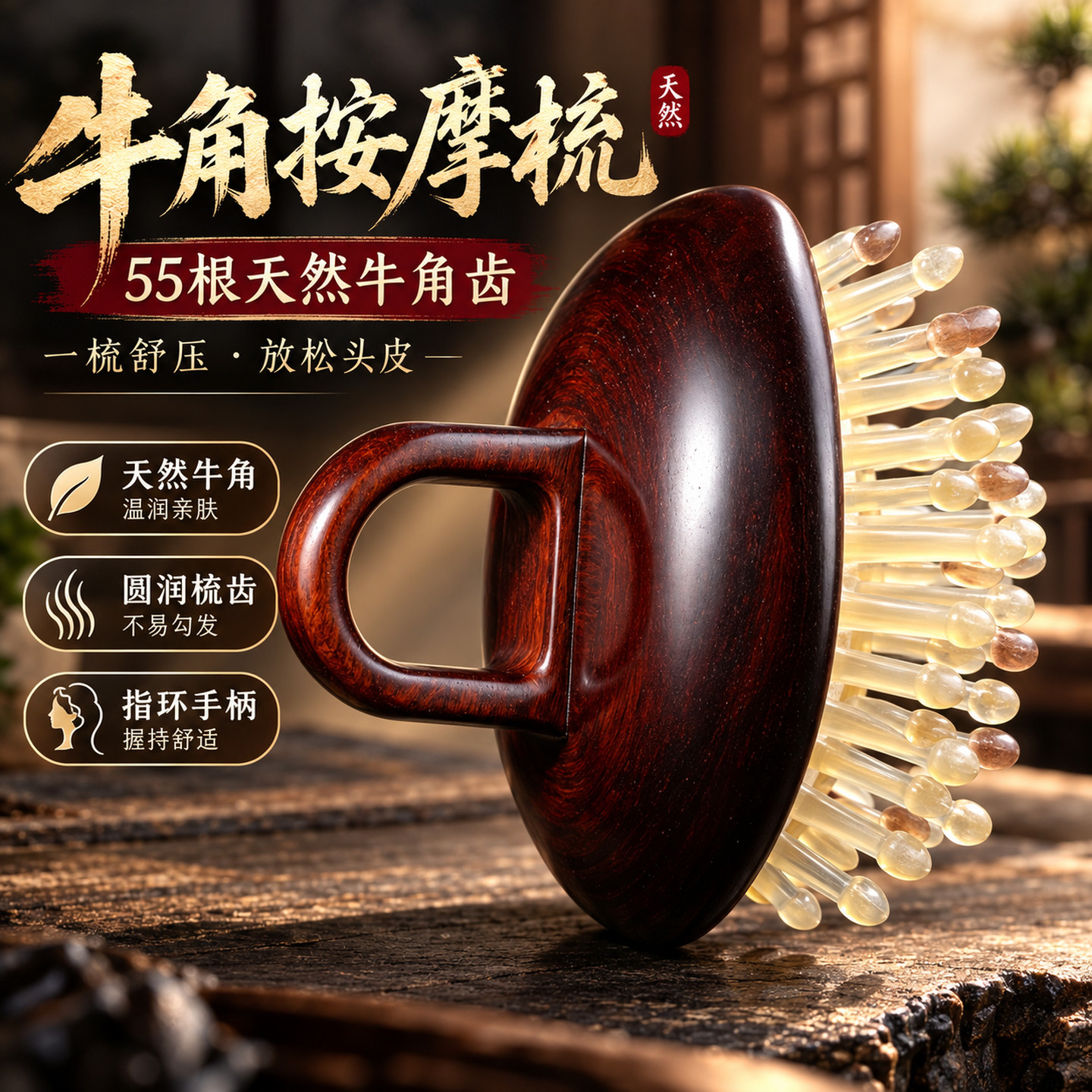 真牛角气垫指环头皮按摩梳蓬松