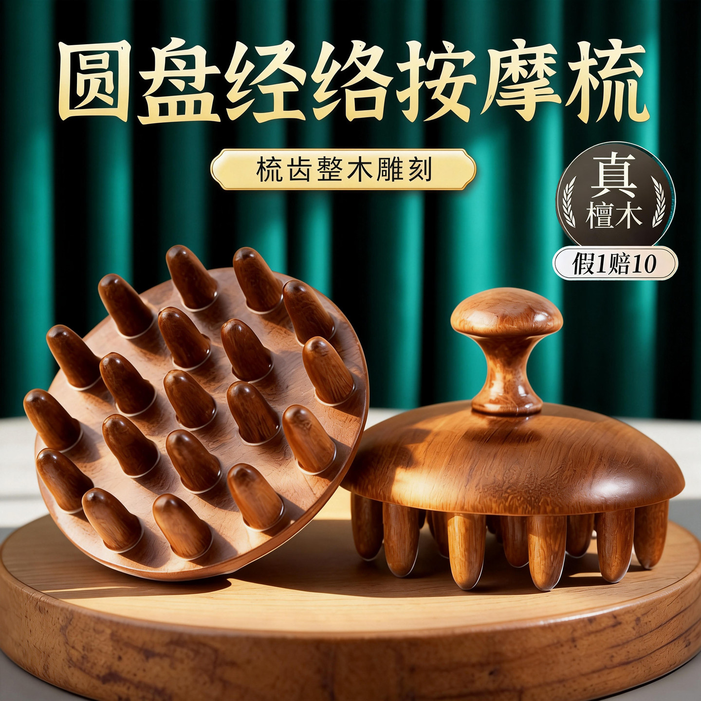 檀木圆盘按摩梳头部头皮经络梳