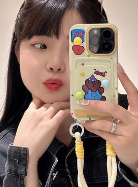 波点小熊卡包适用三星s24ultra手机壳s23+挂绳s21fe女款a04s保护套a12全包a15防摔a24软壳a35硅胶a52/a54/a55