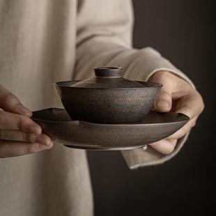复古铁锈釉三才盖碗单个不烫手粗陶家用纯手工陶瓷手抓泡茶碗 中式