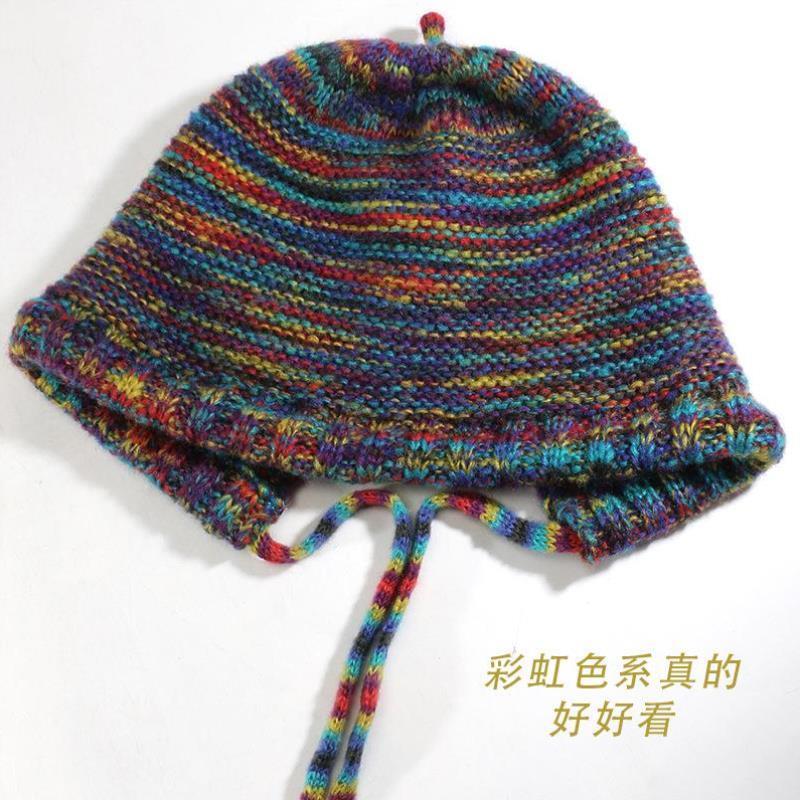 秋冬毛线帽子女韩版彩虹撞色显脸小针织绑带毛线帽保暖护耳包头帽