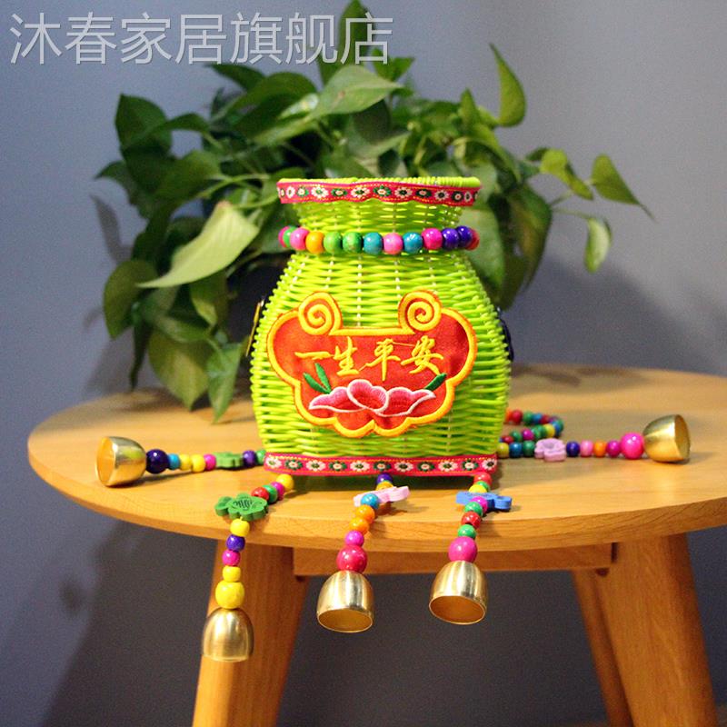 新款珠帘小背54041篓庙会景区热竹编藤编鱼篓儿童背篓彩色背兜风