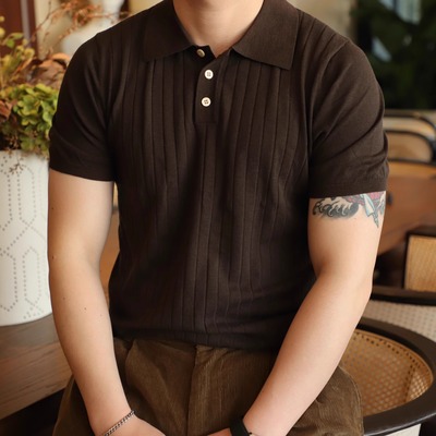 夏季美式复古坑条短袖polo衫男款