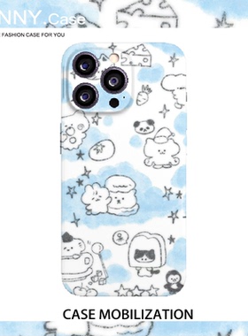 简约蓝卡通白色小熊菲林全包手机壳适用苹果16nova13华为p60mate60pro小米15opporeno9vivo荣耀100iPhone16
