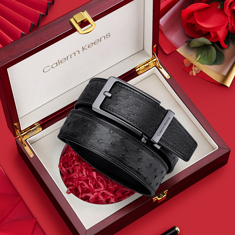 Calermkeens鸵鸟皮男士商务皮带