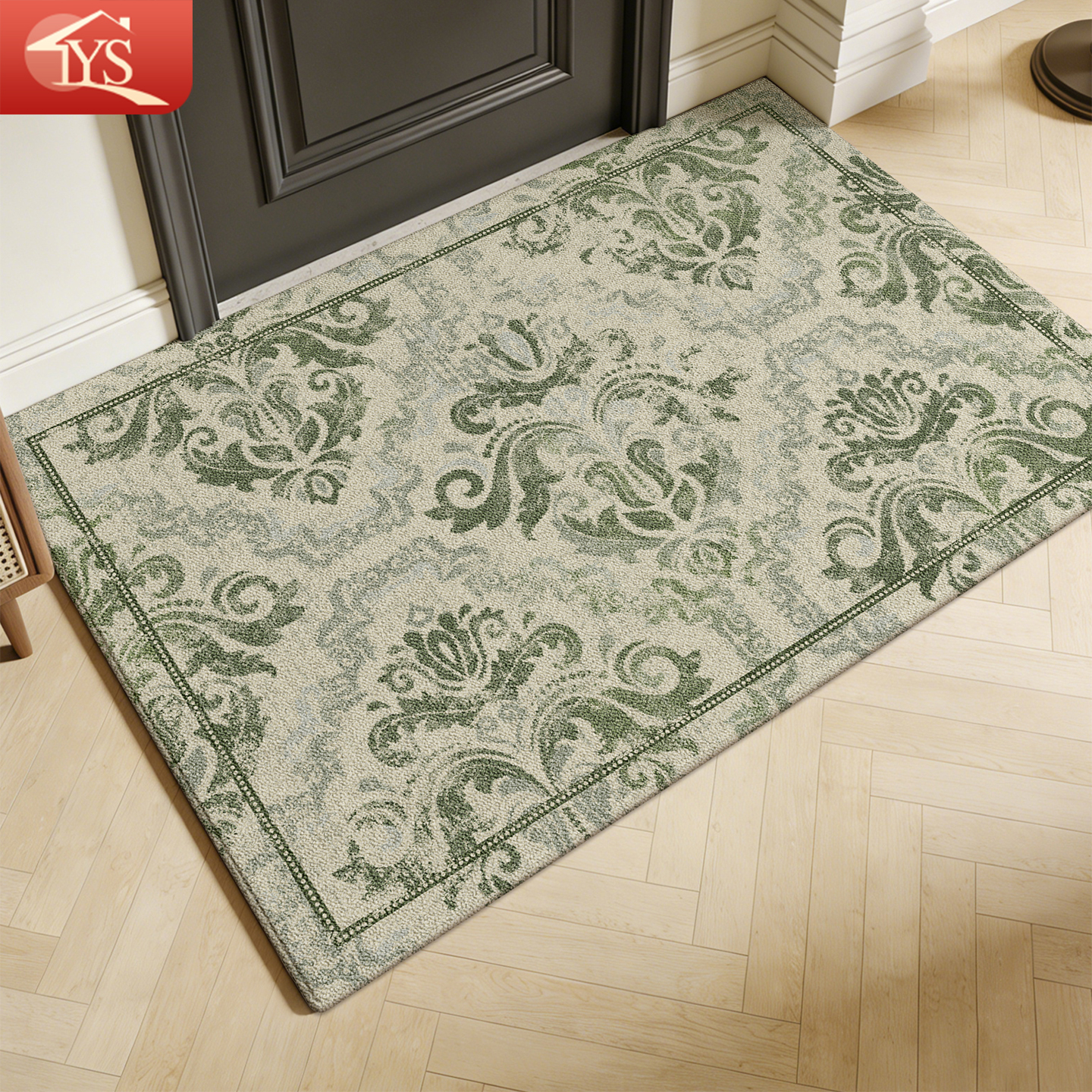 欧式复古绿色花纹入户地垫