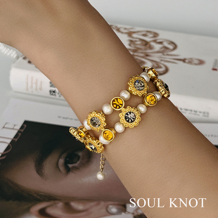 SOUL 淡水小米珍珠双层叠戴施家钻手链 KNOT厚镀18K真金法式