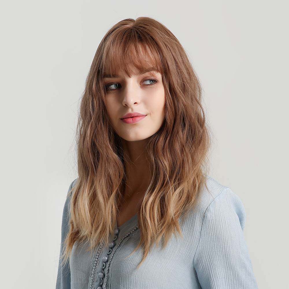 EMMOR欧美外贸跨境女士假发 渐变挑染棕色金色齐刘海长卷发头套