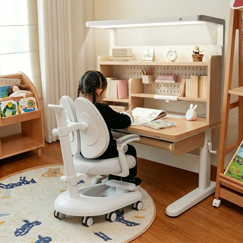 儿童书桌书柜一体组合学习桌桌子椅子套装小学生家用课桌升降实木
