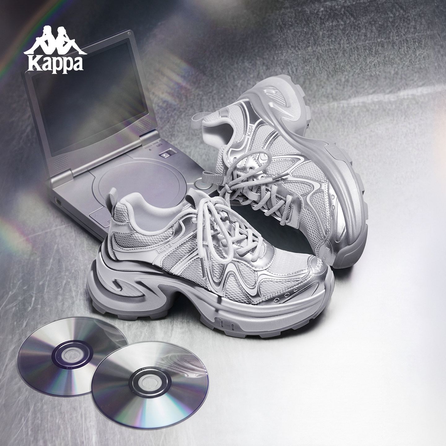 thumbnail for Kappa thick-soled height-increasing dad shoes for women, 2026 autumn new mesh breathable sneakers, silver casual shoes