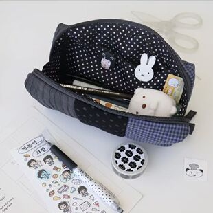 古早波点拼接笔袋高颜值格子韩系ins撞色学生大容量文具收纳袋