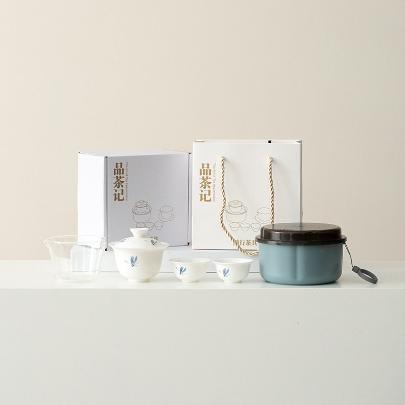归园快客杯羊脂玉瓷蝴蝶兰花旅行茶具便携式带泡台快客杯小套组