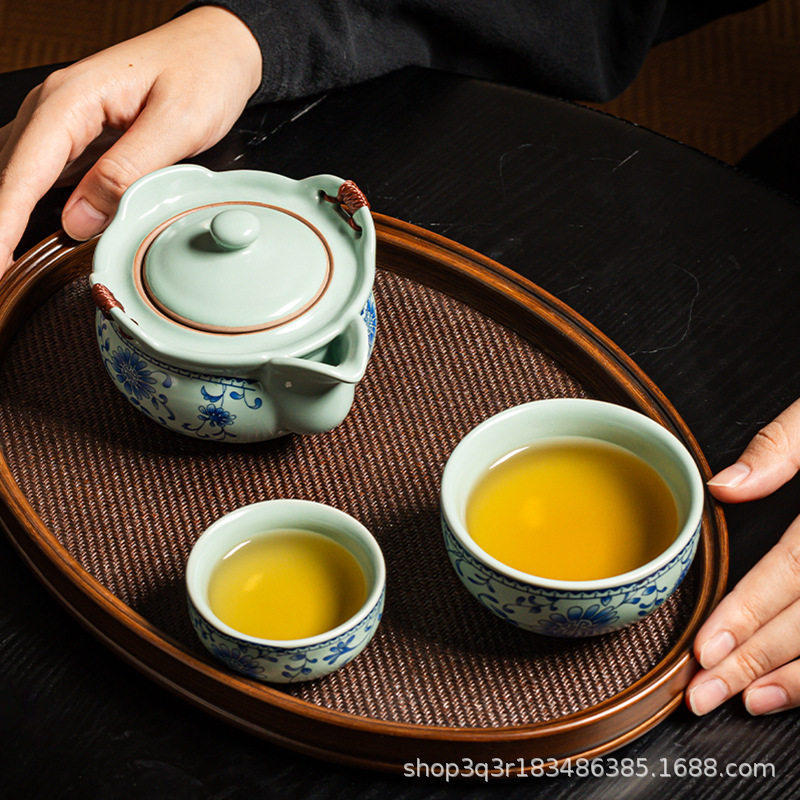 汝窑青花快客杯一壶二杯随身旅行茶具套装户外泡茶壶茶杯露营出差