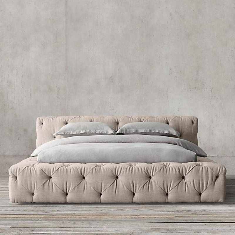 美式RH原单法式乡村复古实木床北欧简约床意式现代轻奢亚麻布艺床