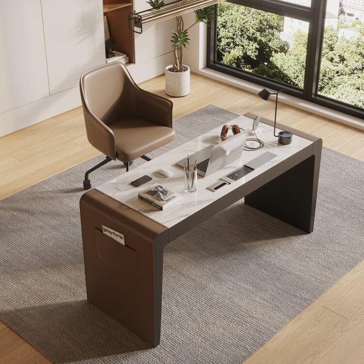 意式极简岩板书桌设计师马鞍皮电脑桌轻奢现代简约家用书房办公桌