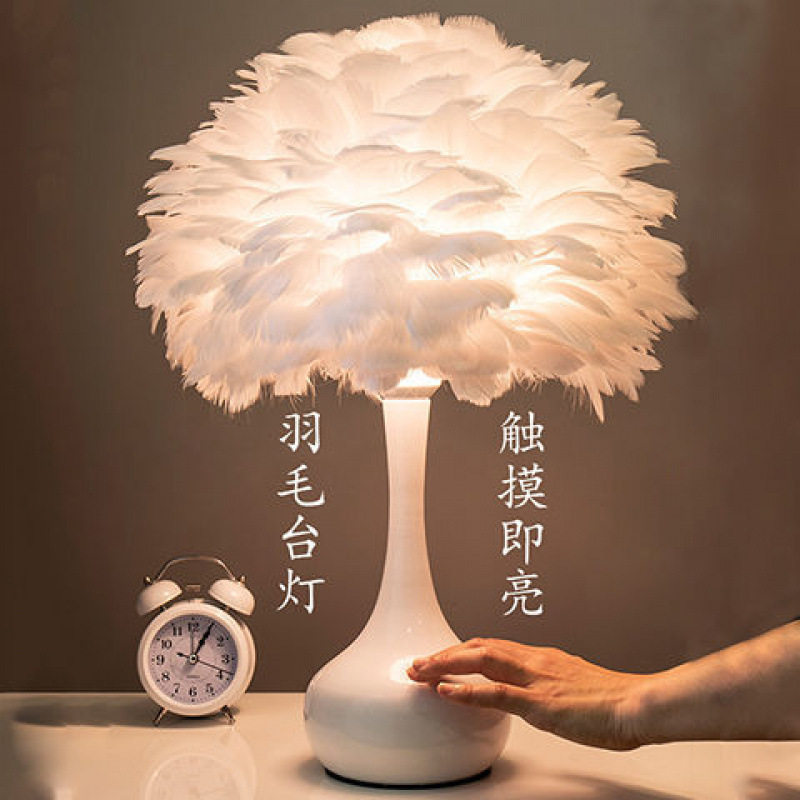 羽毛台灯卧室床头灯北欧ins少女美式客厅现代简约欧式触摸温馨灯