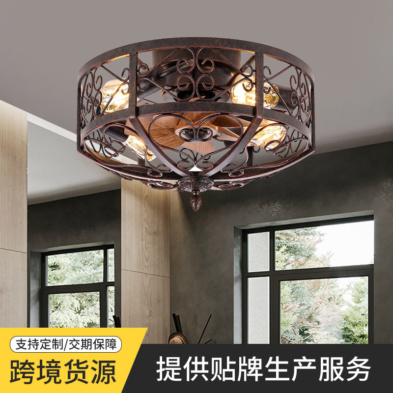 美式现代笼式吊扇灯棕褐色铁艺木纹色扇叶餐厅客厅智能变频风扇灯