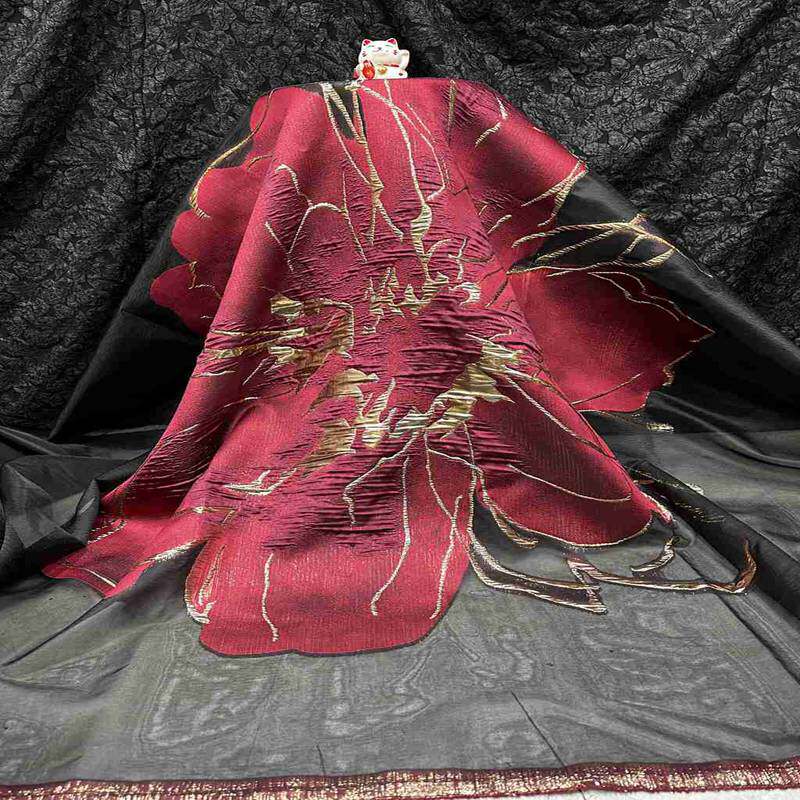 brocade lace fabric 欧根纱提花剪花金丝花朵时装面料