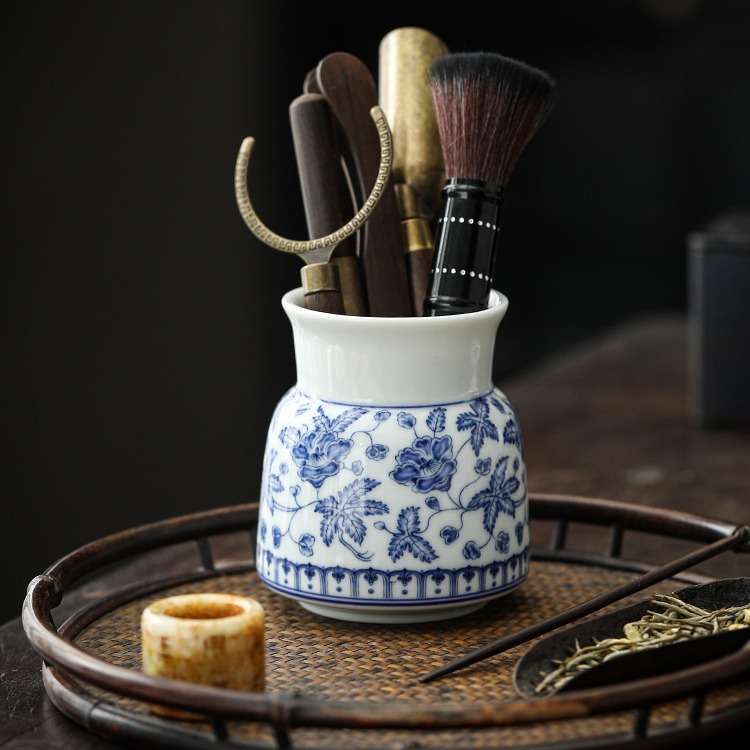 白瓷青花秋葵六君子套装茶具配件大全茶桌茶台泡茶工具茶夹刷用品