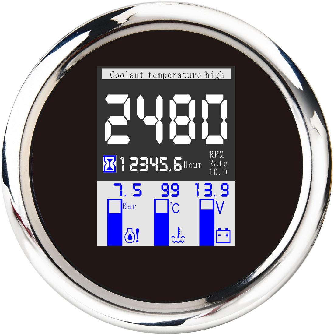 车船85mm四合一多功能表转速计时电压油压水温带报警12V24V