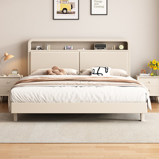 北欧白色奶油风静音床现代简约实木床1.5米1.8米主卧双人结婚大床