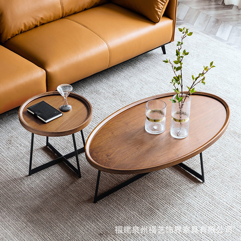 北欧客厅实木茶几家用创意椭圆形矮茶台边几工作室大小茶几桌组合