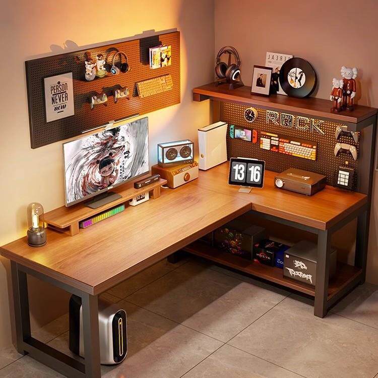 实木转角电脑桌台式L型洞洞板书桌一体家用卧室拐角靠墙电竞桌子