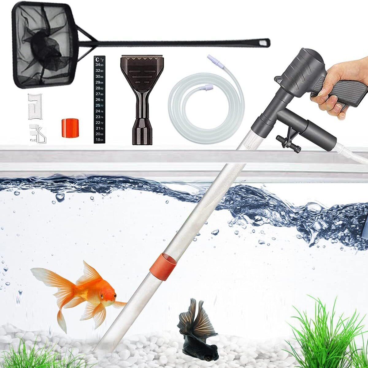 水族气动式洗沙器鱼缸换水器小型鱼缸半自动换水管配套温度计鱼